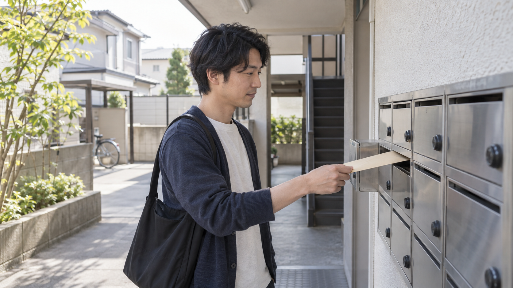 生活・共用部:屋外の集合郵便受けで単身男性が無地の封筒を取り出す横長中遠景、自然光、スマホ・読める住所なし