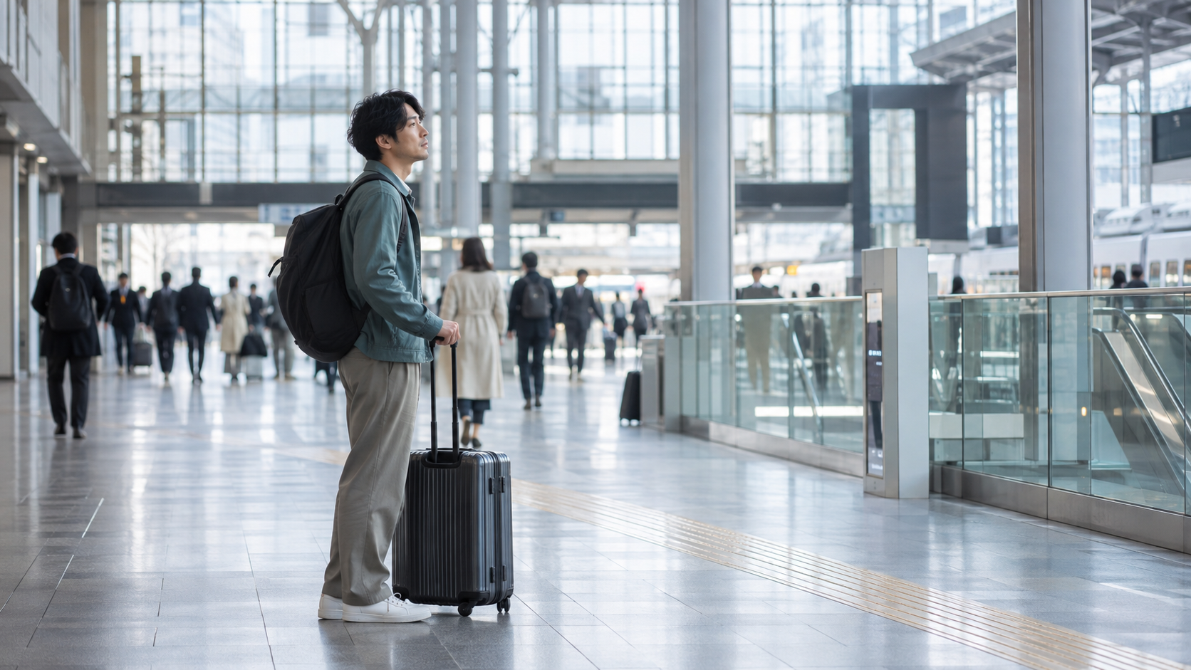 単身者の移動風景:駅の広いコンコースでスーツケースを持つ成人男性一人を横から捉えた横長の中遠景。転勤の可能性を想起させ、スマホ、カップル、空室、メジャー、ロゴを入れない