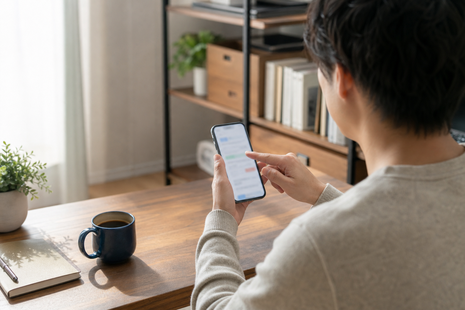 単身者のスマホ相談：保証会社の在籍確認が取れない・勤務先へ電話をかけられない場合に、賃貸審査で受理されやすい代替書類と申込み前の伝え方を知りたい（名古屋・愛知の実務に即した具体例）について一人でスマートフォン確認をする場面を斜め後方から撮る。画面はぼかし、手元中心、カップルなし