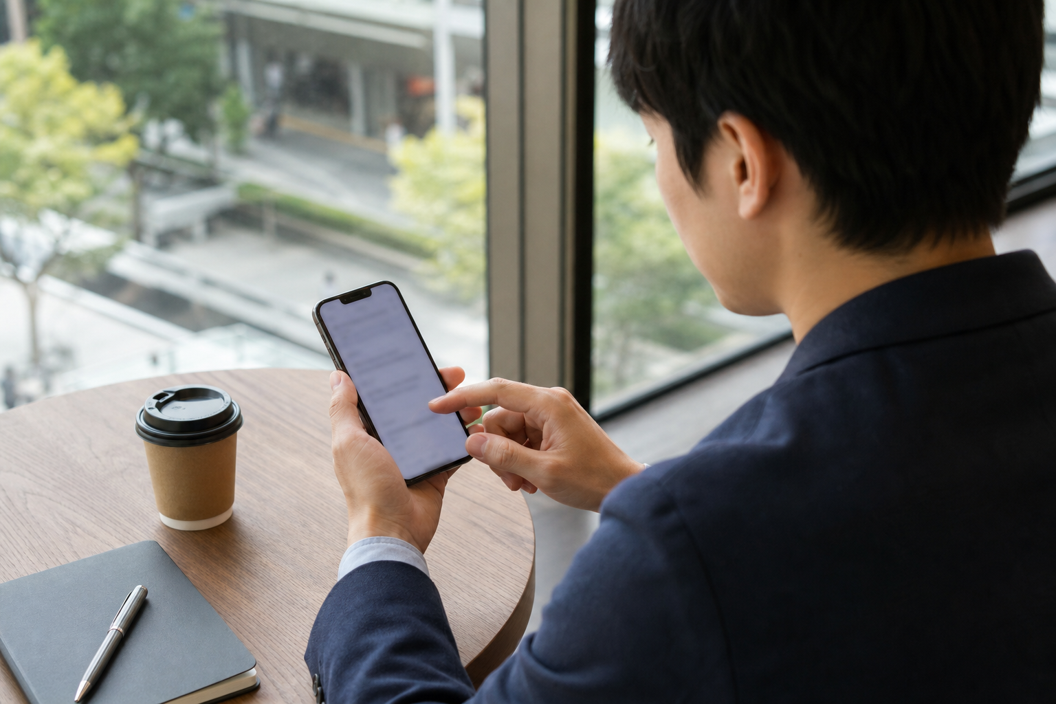 単身者のスマホ相談:金山駅周辺で法人名義(社宅・借上げ)で賃貸契約をする際、申し込み前に不動産会社へ確認すべき具体的な点を知りたいについて一人でスマートフォン確認をする場面を斜め後方から撮る。画面はぼかし、手元中心、カップルなし