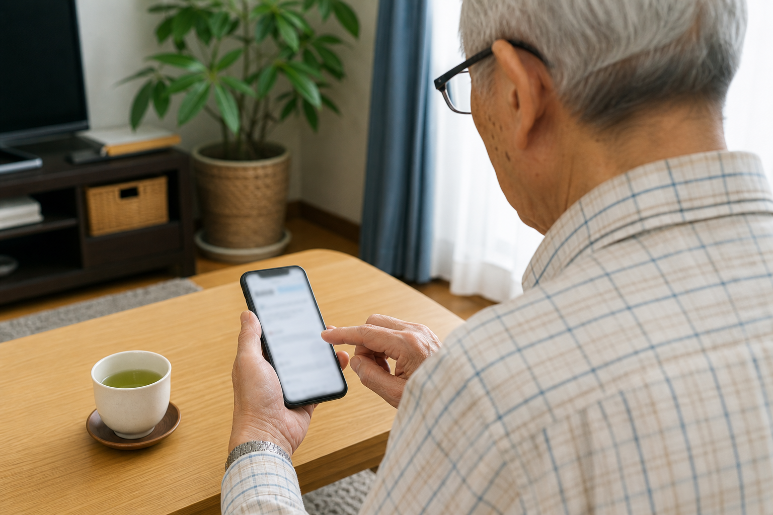 単身者のスマホ相談:65歳以上で年金受給中の単身者が、名古屋・愛知で民間賃貸の入居審査を申し込む前に『どの書類を・どの順で・どう見せればよいか』具体的に知りたいについて一人でスマートフォン確認をする場面を斜め後方から撮る。画面はぼかし、手元中心、カップルなし