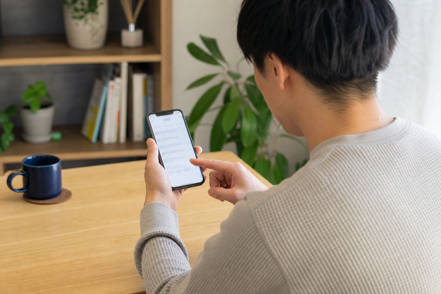 単身者のスマホ相談：過去の家賃滞納や代位弁済の記録がある人が、名古屋・愛知で新しく賃貸に申し込む前に具体的に何を確認・準備すべきか知りたいについて一人でスマートフォン確認をする場面を斜め後方から撮る。画面はぼかし、手元中心、カップルなし