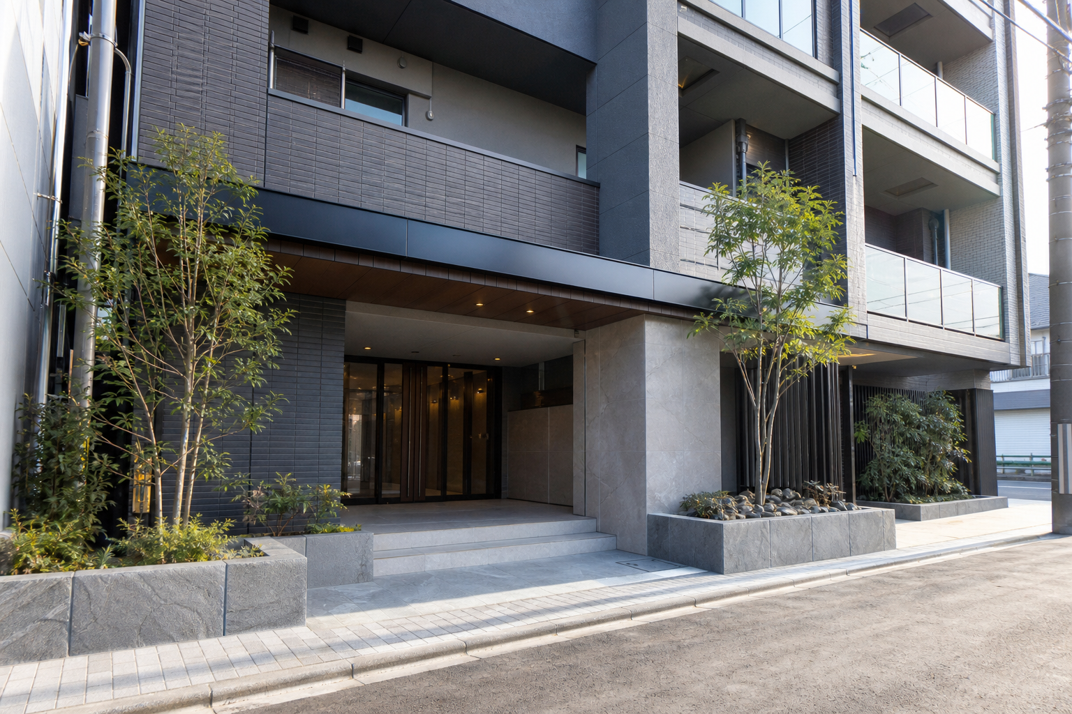 賃貸マンション外観：過去の家賃滞納や代位弁済の記録がある人が、名古屋・愛知で新しく賃貸に申し込む前に具体的に何を確認・準備すべきか知りたいの判断先を象徴する現代的な賃貸マンション入口を道路側から広角で撮る。人物、看板、読める文字なし