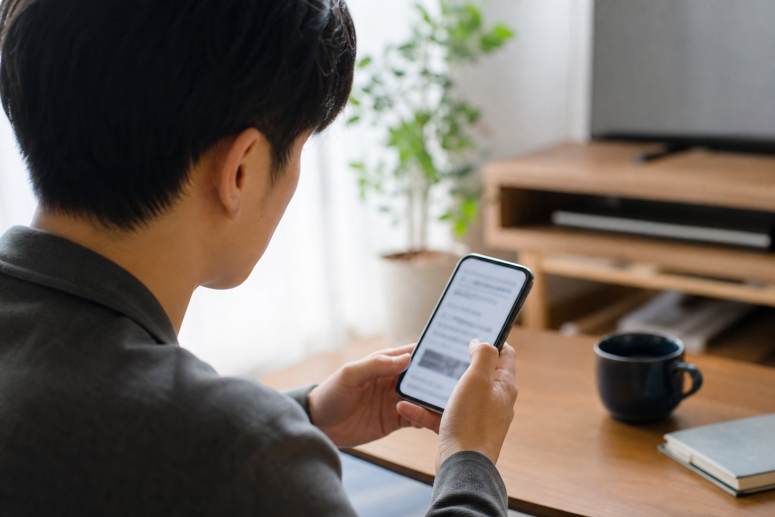 単身者のスマホ相談:退去時に管理会社から「エアコンクリーニング代」を請求された/請求されそう。名古屋・愛知で減額または無効化するために、契約書確認・証拠の取り方・交渉順を具体的に知りたいについて一人でスマートフォン確認をする場面を斜め後方から撮る。画面はぼかし、手元中心、カップルなし