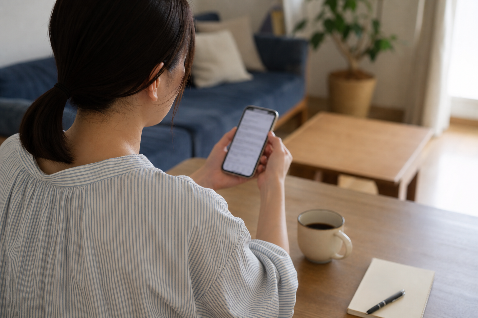 単身者のスマホ相談：名古屋・愛知で賃貸契約の初期費用をクレジットカードや分割で支払える項目と、申込前に不動産会社へ確実に確認する質問と実務的なやり取り例を知りたいについて一人でスマートフォン確認をする場面を斜め後方から撮る。画面はぼかし、手元中心、カップルなし