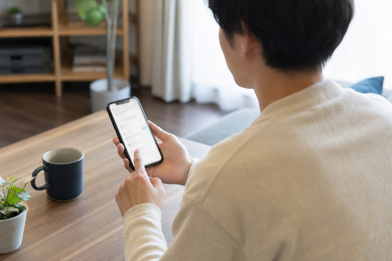 単身者のスマホ相談:名古屋・愛知で物件の見積書に入っている「鍵交換費」「クリーニング費」を契約前に減らせるか/不要にできるかを具体的に確認したいについて一人でスマートフォン確認をする場面を斜め後方から撮る。画面はぼかし、手元中心、カップルなし