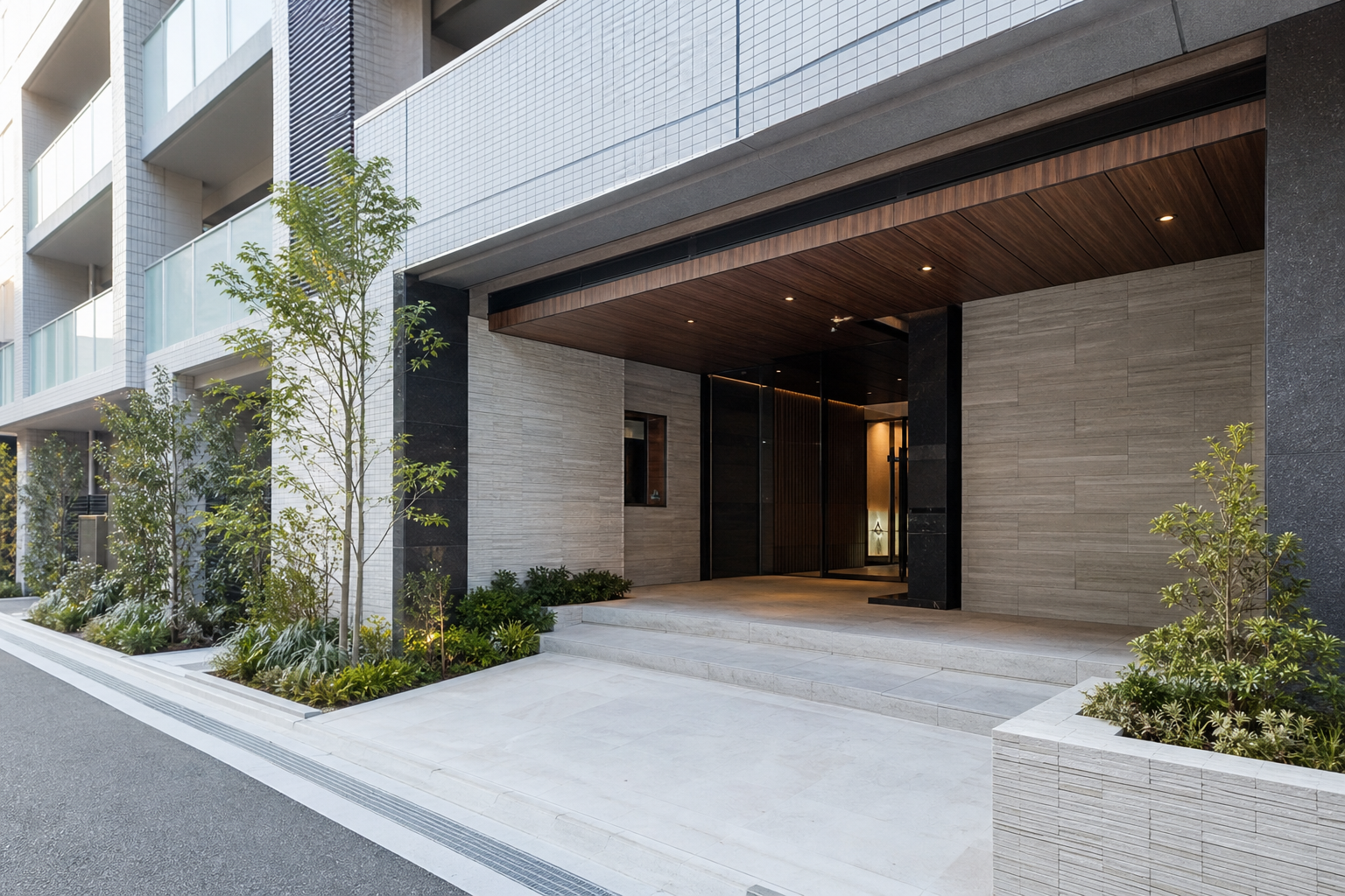 賃貸マンション外観：名古屋・愛知で賃貸契約の初期費用をクレジットカード／後払い・分割で支払いたい。見積書を見て『どの費目がカード／分割／後払い対象か』を自分で判断する方法と、不動産会社へ聞く具体的質問例を知りたいの判断先を象徴する現代的な賃貸マンション入口を道路側から広角で撮る。人物、看板、読める文字なし