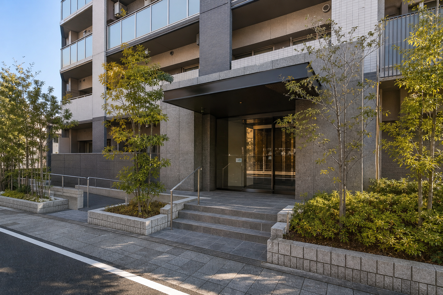 賃貸マンション外観:名古屋・愛知で退去後に管理会社からエアコンクリーニング代を請求された。精算明細をどう読み、まず何を請求(証拠)要求すれば減額や不当請求の指摘につなげられるかを知りたいの判断先を象徴する現代的な賃貸マンション入口を道路側から広角で撮る。人物、看板、読める文字なし