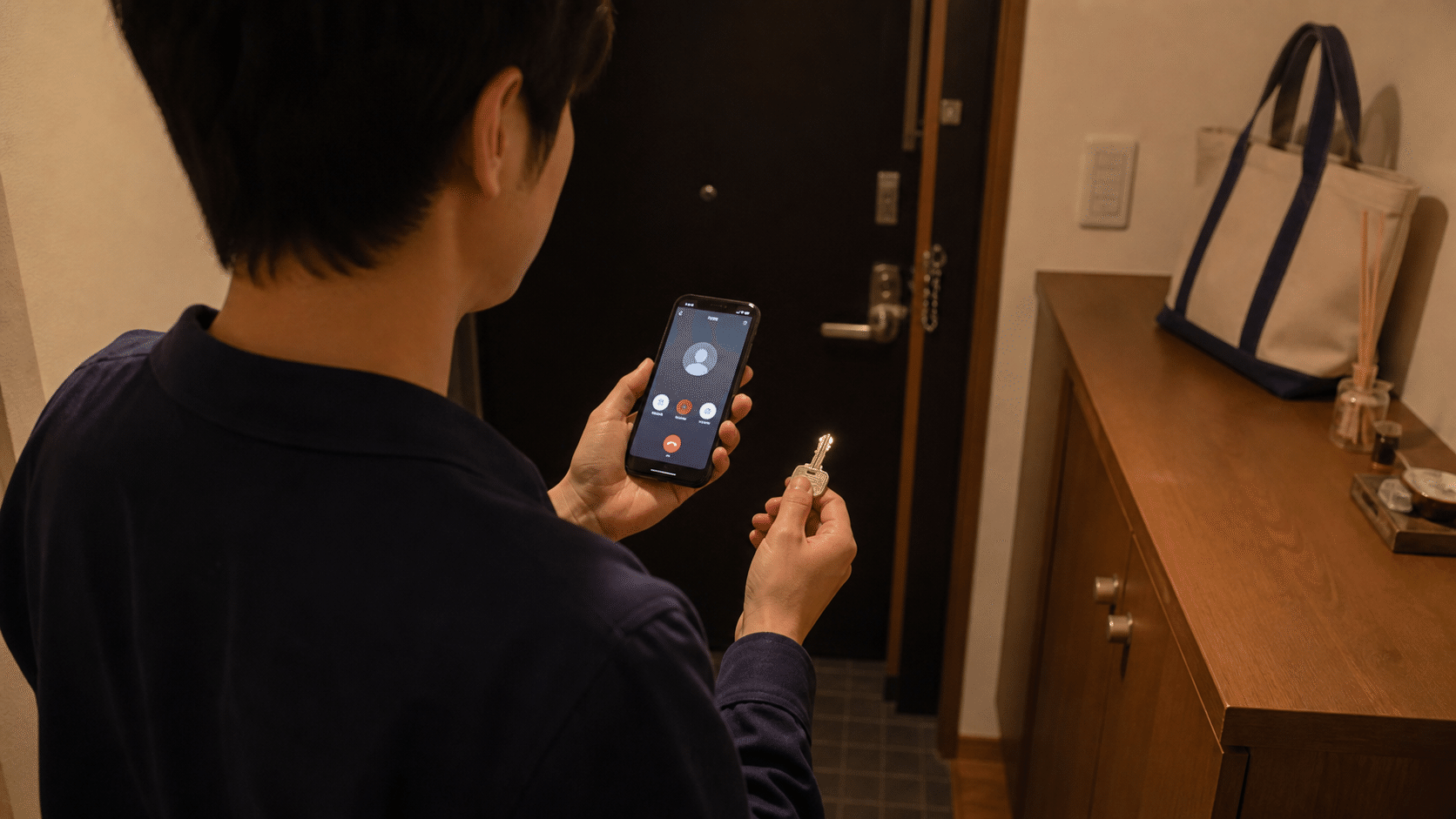 夜間にスマートフォンで緊急連絡先を確認する単身入居者