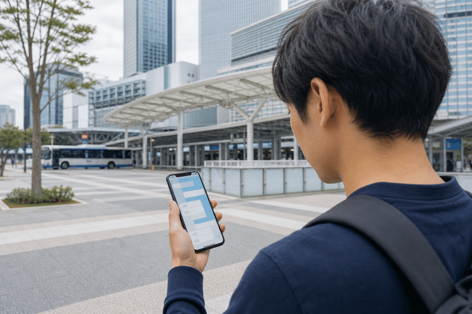名古屋の駅前で設備区分の回答をスマートフォンで確認する単身者