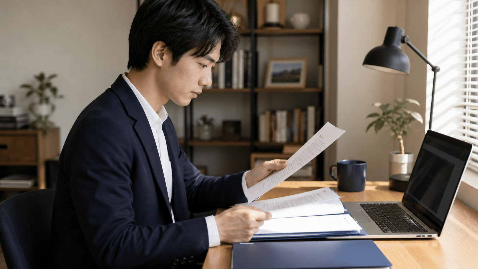 転職直後に勤務条件の書類を整理する単身者