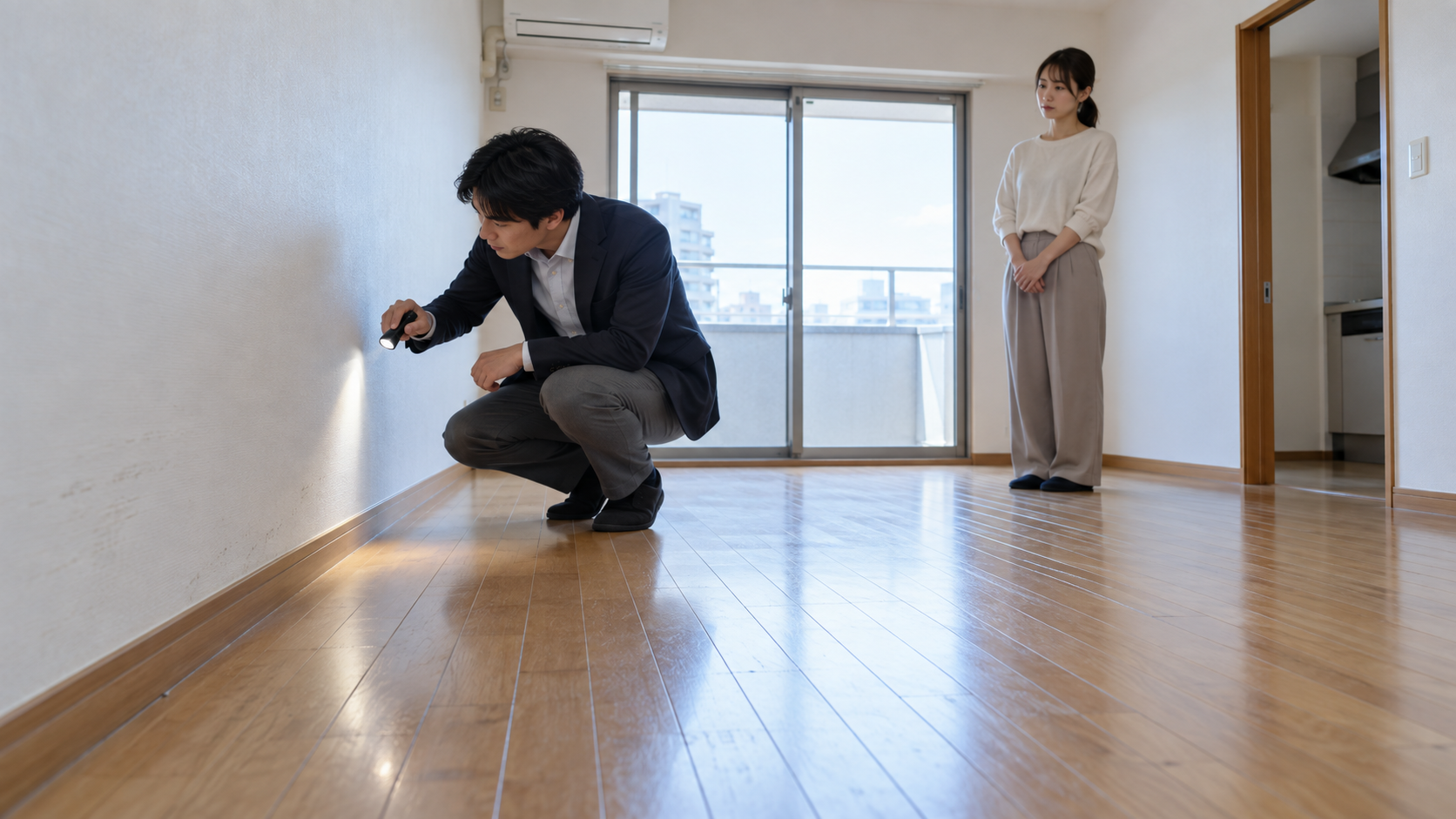 退去時に室内の状態を確認する様子