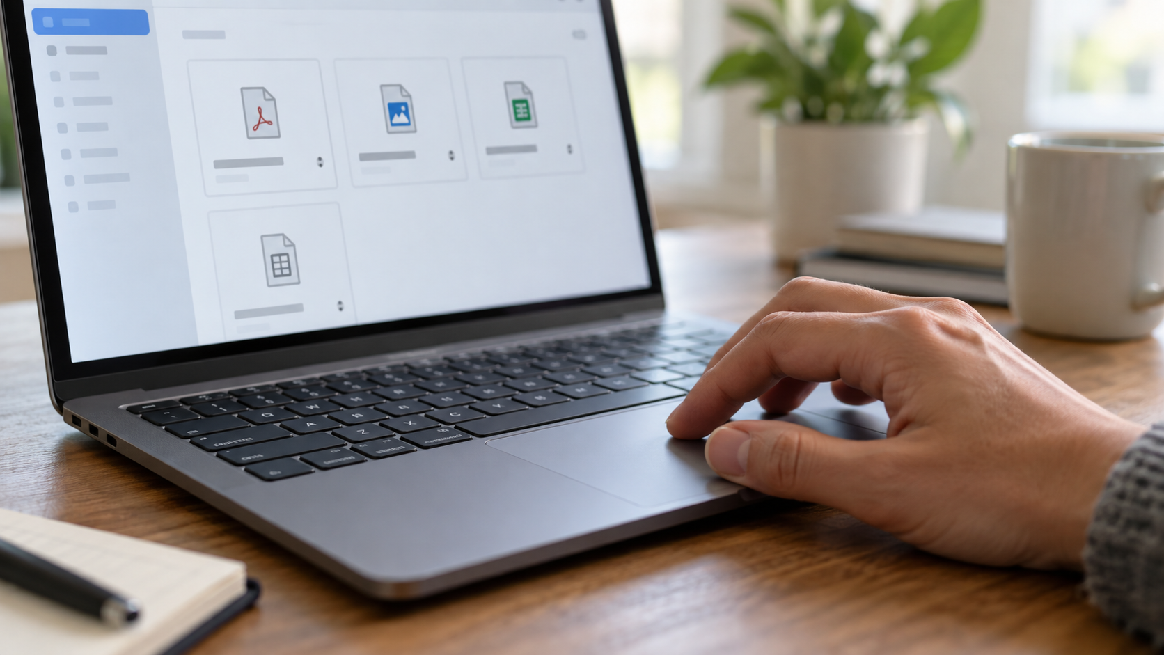 受領確認の接写:ノートPCの抽象的な添付ファイル表示とタッチパッドに置く手を横から接写した横長写真、読める文章・個人情報なし