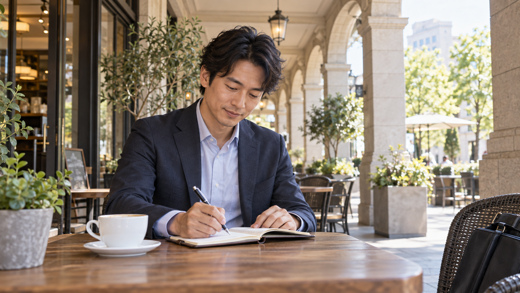 単身会社員の予定整理:屋根のある屋外テラスで男性会社員が小さな手帳に予定を書く広い横長写真、自然な昼光、通話やスマホなし