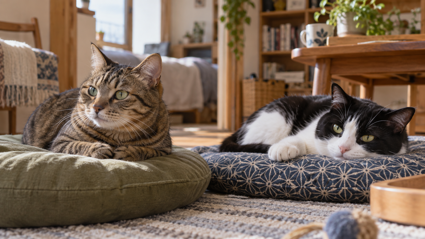 猫の生活:毛色の違う猫2匹が離れたクッションでくつろぐ低い猫目線の横長写真。生活感ある落ち着いた背景、人物なし