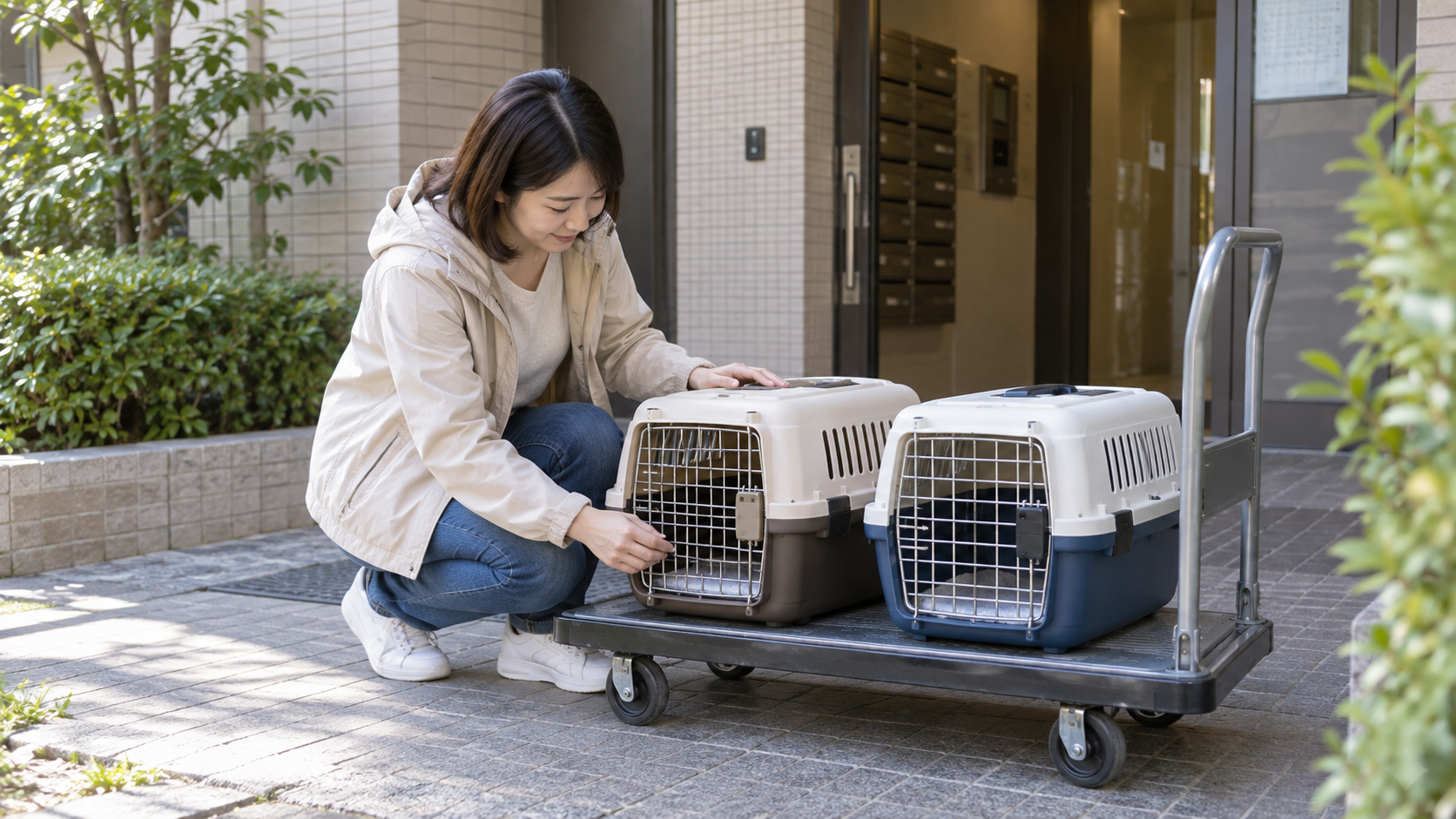 屋外の移動準備:集合住宅の屋外アプローチで成人女性一人が2個の閉じた通気性キャリーを丈夫な台車に載せている横長中遠景。動物は外に出さず文字・ロゴなし