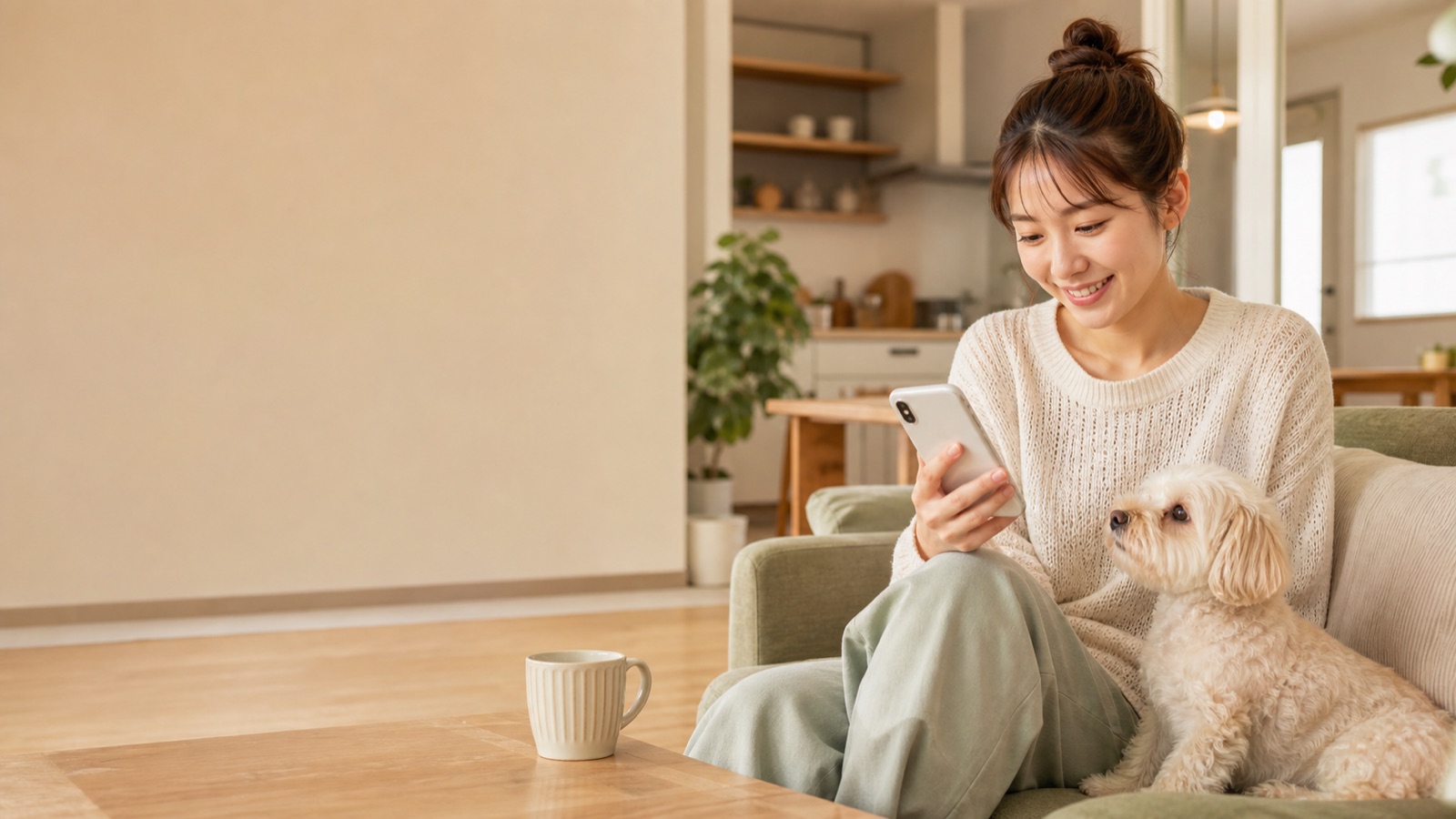 愛犬と一緒にスマホで賃貸物件を探す女性